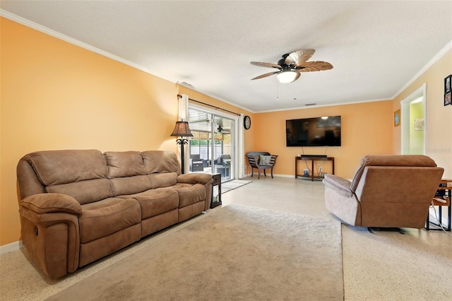 3020 E Scofield St, Inverness, FL 34453 - living room with ornamental molding, a ceiling fan, and baseboards