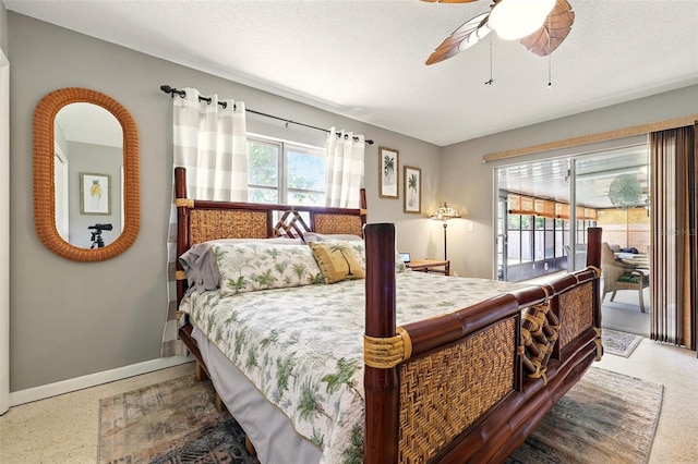 3020 E Scofield St, Inverness, FL 34453 - bedroom featuring access to outside, baseboards, speckle patterned floor, and a ceiling fan