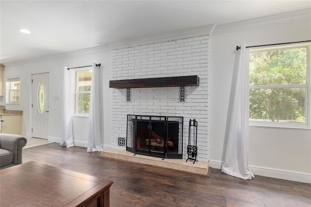 4010 SW 7th Avenue Rd, Ocala, FL 34471 - living room featuring ornamental molding, wood finished floors, a brick fireplace, and baseboards