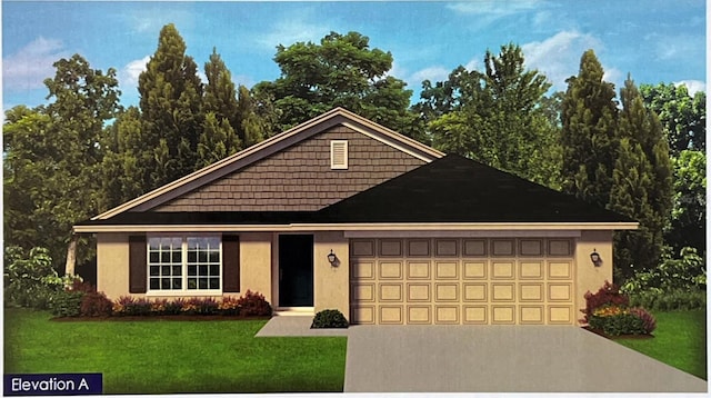 view of front of home with concrete driveway, a garage, a front lawn, and stucco siding
