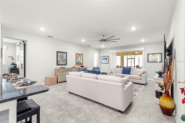 7641 SW 63rd Lane Rd, Ocala, FL 34474 - living room featuring ceiling fan, recessed lighting, and baseboards