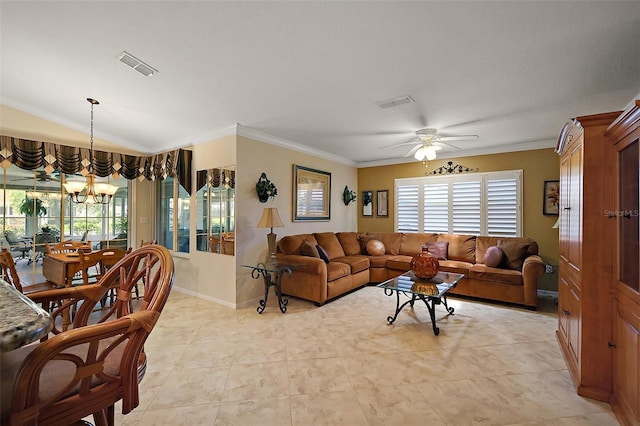 living area featuring a chandelier, ceiling fan, plenty of natural light, ornamental molding, and baseboards