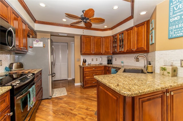 kitchen with appliances with stainless steel finishes, a sink, a ceiling fan, light stone countertops, and ornamental molding