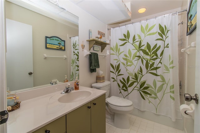 bathroom featuring tile patterned floors, toilet, vanity, and shower / tub combo