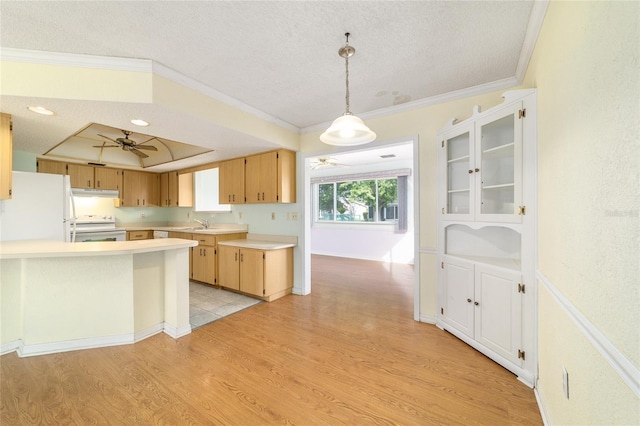 8375 SW 109th Lane Rd, Ocala, FL 34481 - kitchen featuring white appliances, a ceiling fan, a textured ceiling, under cabinet range hood, and light countertops