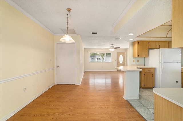 8375 SW 109th Lane Rd, Ocala, FL 34481 - kitchen featuring freestanding refrigerator, light countertops, ceiling fan, open floor plan, and hanging light fixtures