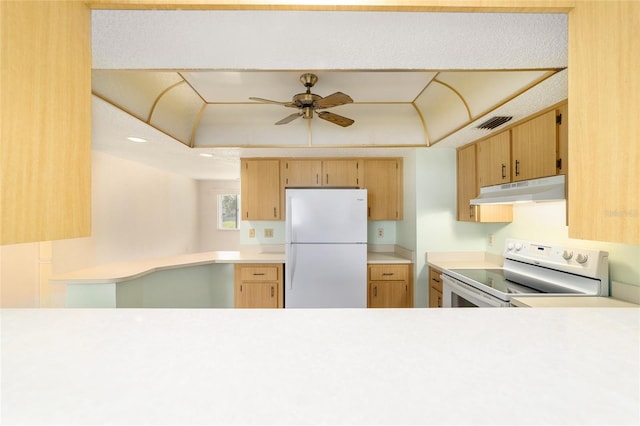 8375 SW 109th Lane Rd, Ocala, FL 34481 - kitchen with white appliances, under cabinet range hood, light countertops, ceiling fan, and recessed lighting