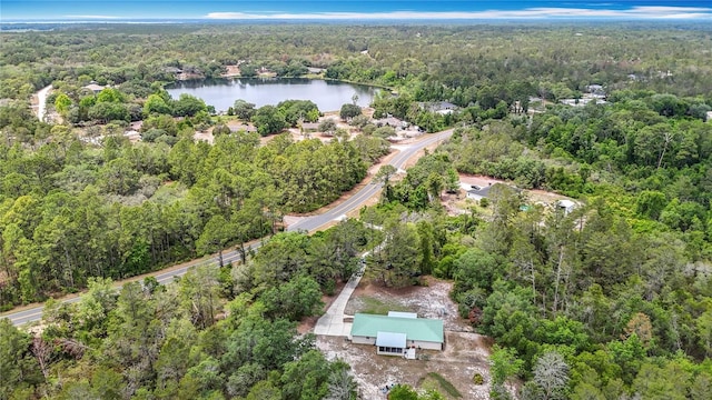 aerial overview of property's location featuring a forest and a large body of water