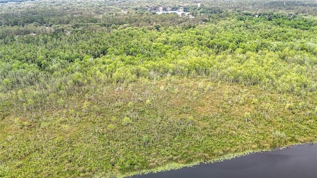 aerial view of a heavily wooded area and a nearby body of water