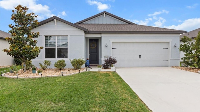 9459 SW 52nd Loop, Ocala, FL 34481 - ranch-style home with a front lawn, concrete driveway, an attached garage, board and batten siding, and stucco siding