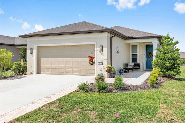 8820 SW 58th Street Rd, Ocala, FL 34481 - ranch-style house featuring concrete driveway, a garage, stucco siding, and a front yard