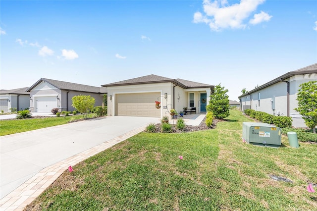 8820 SW 58th Street Rd, Ocala, FL 34481 - view of front of house featuring an attached garage, concrete driveway, a front yard, and stucco siding