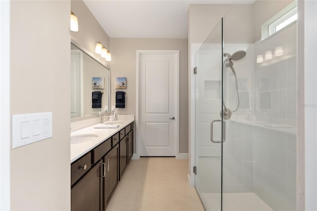 8820 SW 58th Street Rd, Ocala, FL 34481 - full bathroom with double vanity, a stall shower, tile patterned flooring, and baseboards