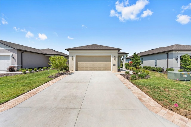 8820 SW 58th Street Rd, Ocala, FL 34481 - view of front of house featuring a front lawn, a garage, concrete driveway, and stucco siding