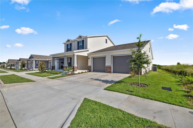 7199 SW 60th Ln, Ocala, FL 34474 - view of front of house featuring a front lawn, driveway, central air condition unit, stone siding, and an attached garage