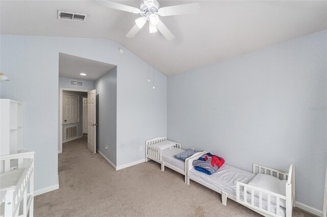 4927 SW 45th Cir, Ocala, FL 34474 - carpeted bedroom with lofted ceiling, baseboards, and a ceiling fan