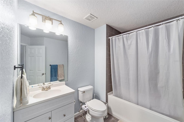 4927 SW 45th Cir, Ocala, FL 34474 - full bathroom featuring a textured wall, a textured ceiling, toilet, shower / bath combination with curtain, and vanity