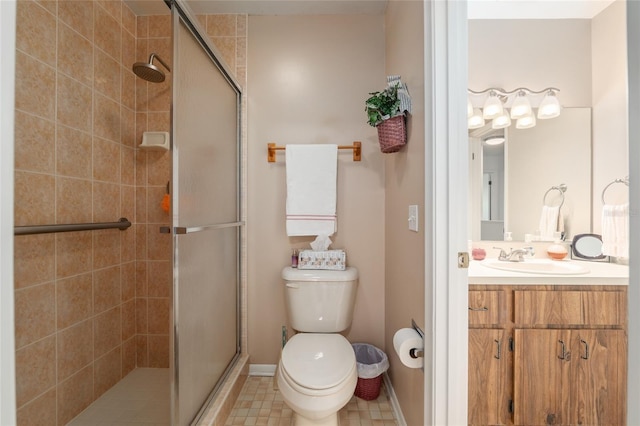 3815 NE 17th Street Cir, Ocala, FL 34470 - full bathroom featuring a stall shower, toilet, vanity, and baseboards