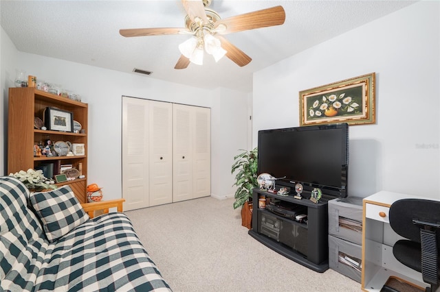 3815 NE 17th Street Cir, Ocala, FL 34470 - living room featuring light colored carpet, a ceiling fan, and an office area