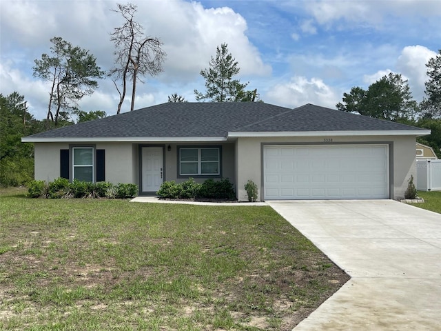 ranch-style home with stucco siding, a garage, driveway, and a shingled roof