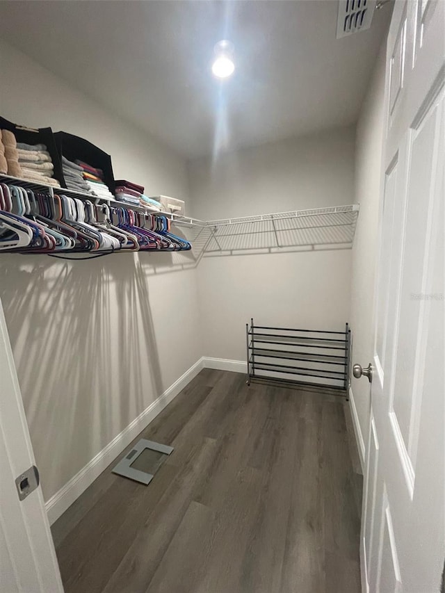 walk in closet with dark wood-style flooring