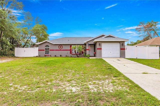 ranch-style home featuring an attached garage, concrete driveway, a gate, and stucco siding