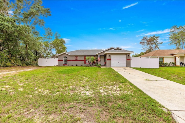 single story home featuring driveway, an attached garage, and stucco siding