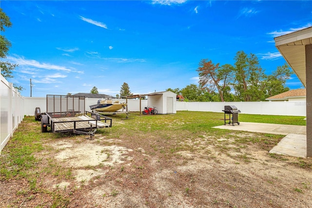 view of yard featuring a storage unit, an outbuilding, and a patio area