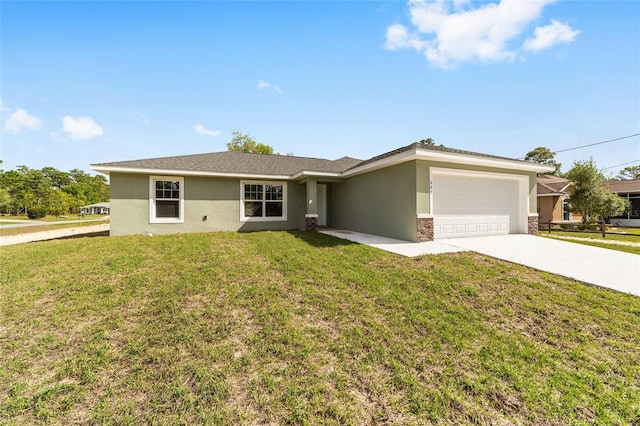 25 Juniper Pass Way, Ocala, FL 34480 - ranch-style house with a garage, stucco siding, concrete driveway, and a front lawn