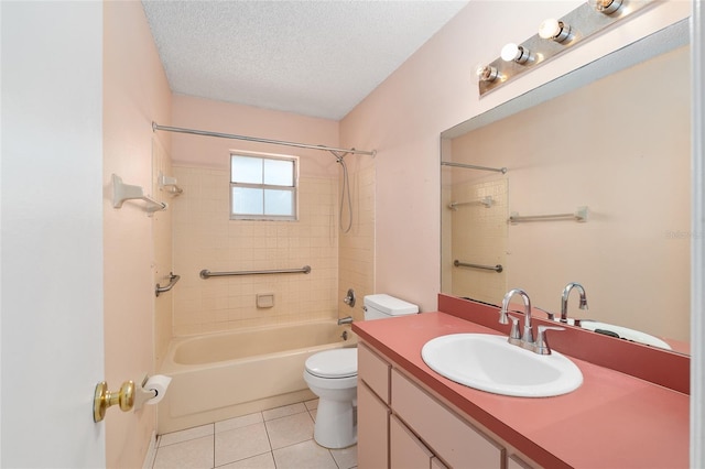 bathroom with toilet, tile patterned floors, vanity, a textured ceiling, and bathing tub / shower combination