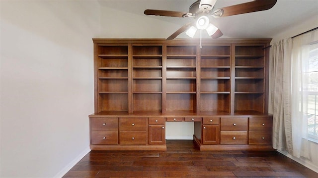 10528 SW 27th Ave, Ocala, FL 34476 - unfurnished office featuring built in study area, ceiling fan, dark wood finished floors, and plenty of natural light
