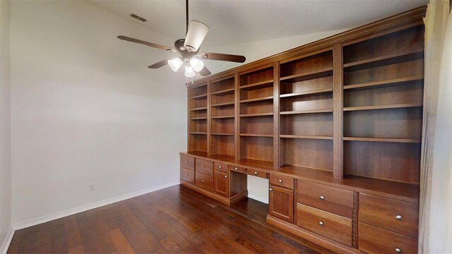 10528 SW 27th Ave, Ocala, FL 34476 - unfurnished office with built in study area, dark wood-style flooring, a ceiling fan, and baseboards