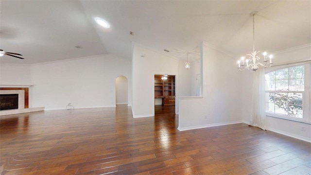 10528 SW 27th Ave, Ocala, FL 34476 - unfurnished living room with lofted ceiling, a chandelier, hardwood / wood-style flooring, a ceiling fan, and ornamental molding