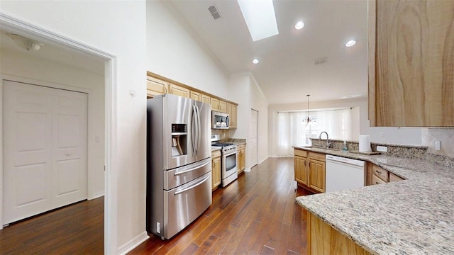 10528 SW 27th Ave, Ocala, FL 34476 - kitchen featuring appliances with stainless steel finishes, lofted ceiling, a skylight, dark wood-type flooring, and light stone counters