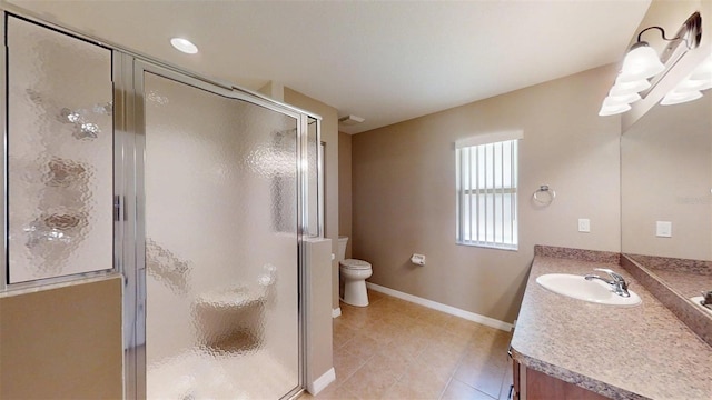 10528 SW 27th Ave, Ocala, FL 34476 - bathroom with tile patterned flooring, vanity, baseboards, a stall shower, and toilet