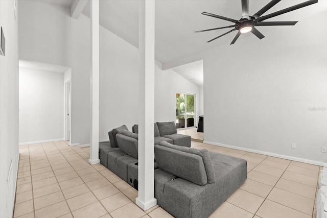 3728 S Eastpark Way, Homosassa, FL 34446 - living area featuring ceiling fan, tile patterned floors, high vaulted ceiling, beamed ceiling, and baseboards
