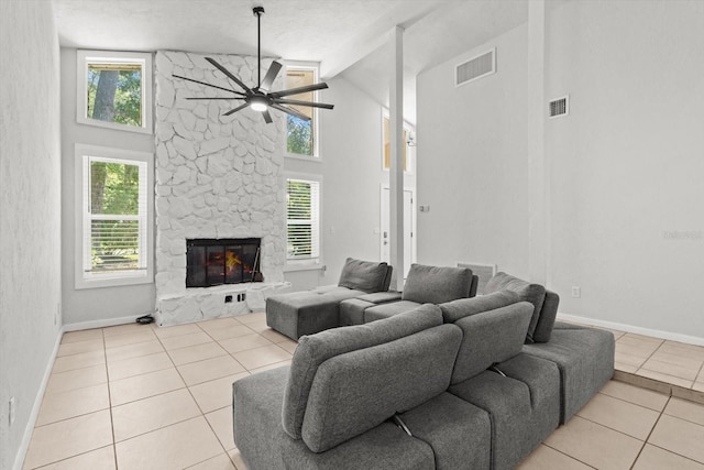 3728 S Eastpark Way, Homosassa, FL 34446 - living area with light tile patterned floors, a ceiling fan, high vaulted ceiling, baseboards, and a fireplace