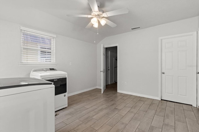 3728 S Eastpark Way, Homosassa, FL 34446 - laundry room featuring a ceiling fan, washer and dryer, light wood-style flooring, and baseboards