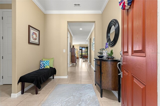 9642 SW 95th Loop, Ocala, FL 34481 - hallway featuring light tile patterned floors, ornamental molding, and recessed lighting