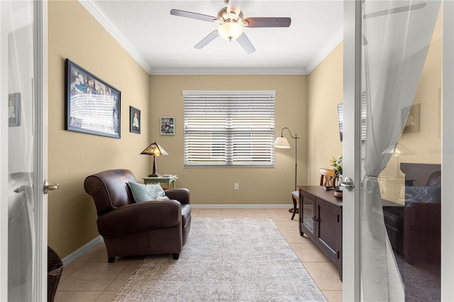 9642 SW 95th Loop, Ocala, FL 34481 - living area with light tile patterned floors, crown molding, and ceiling fan