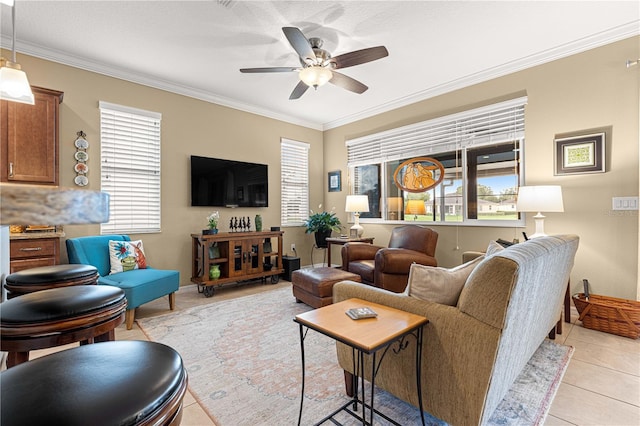 9642 SW 95th Loop, Ocala, FL 34481 - living room featuring ceiling fan, crown molding, and light tile patterned floors