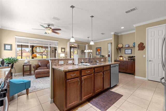 9642 SW 95th Loop, Ocala, FL 34481 - kitchen with dishwasher, a ceiling fan, light tile patterned floors, crown molding, and light stone counters