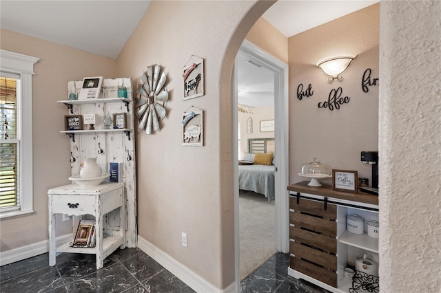 831 SE 11th Pl, Williston, FL 32696 - hallway with arched walkways, dark marble finish flooring, lofted ceiling, and plenty of natural light