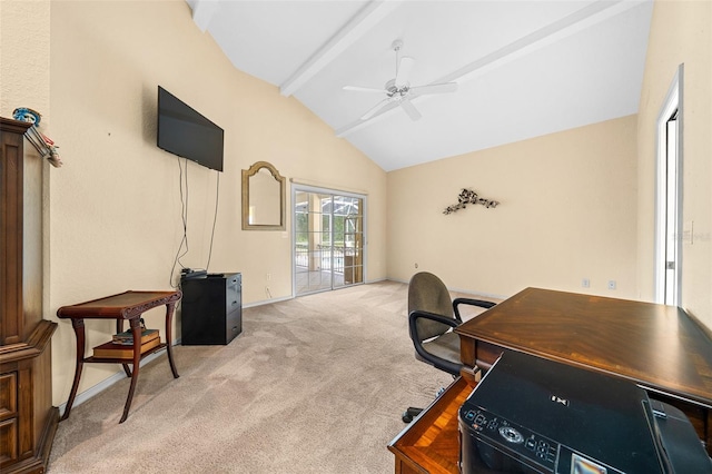 11586 SW 75th Cir, Ocala, FL 34476 - office space featuring beamed ceiling, a ceiling fan, light colored carpet, high vaulted ceiling, and baseboards
