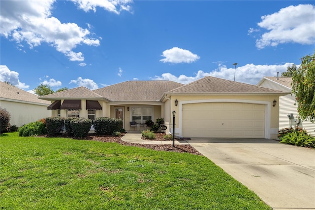 8352 SE 168th Trinity Pl, The Villages, FL 32162 - ranch-style home with stucco siding, an attached garage, a front lawn, and driveway