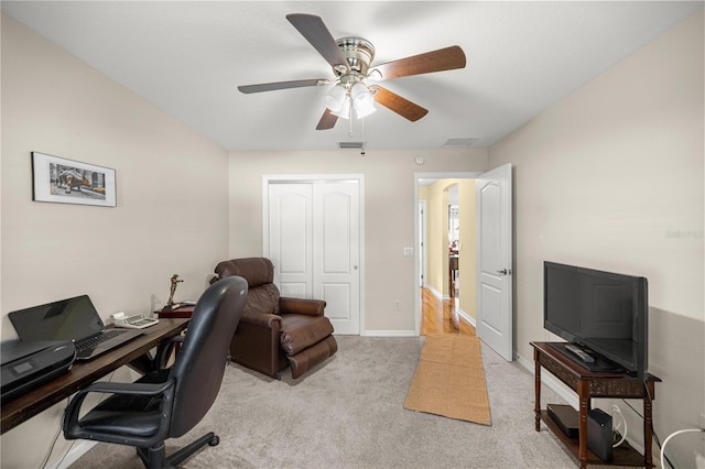 8352 SE 168th Trinity Pl, The Villages, FL 32162 - office featuring ceiling fan, light carpet, and baseboards