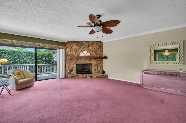 1001 Old Mill Pond Rd, Palm Harbor, FL 34683 - living area with carpet flooring, crown molding, ceiling fan, a textured ceiling, and baseboards