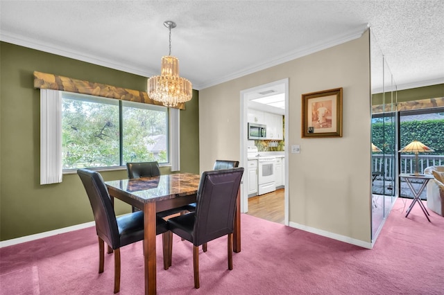 1001 Old Mill Pond Rd, Palm Harbor, FL 34683 - carpeted dining area featuring a chandelier, ornamental molding, baseboards, and a textured ceiling