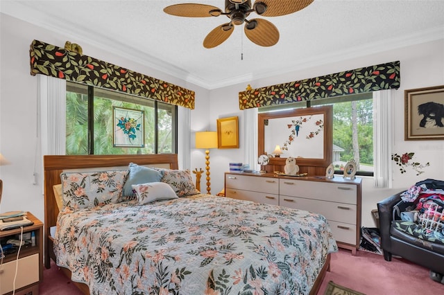 1001 Old Mill Pond Rd, Palm Harbor, FL 34683 - bedroom with carpet, multiple windows, ornamental molding, a textured ceiling, and ceiling fan