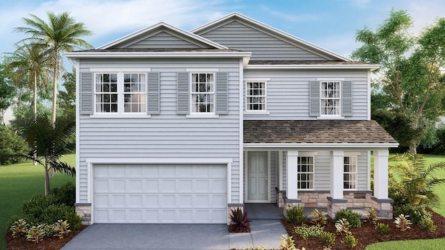view of front of house with a garage, roof with shingles, concrete driveway, and stone siding